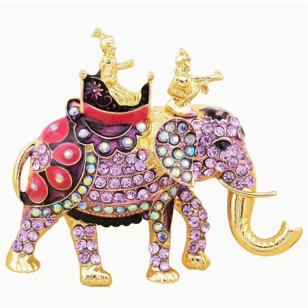 Betsey Johnson Brooch Lavender Crystal Elephant Gold Tone